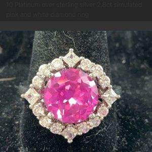 Platinum over Sterling Silver Pink & White Simulated Diamond Ring 10